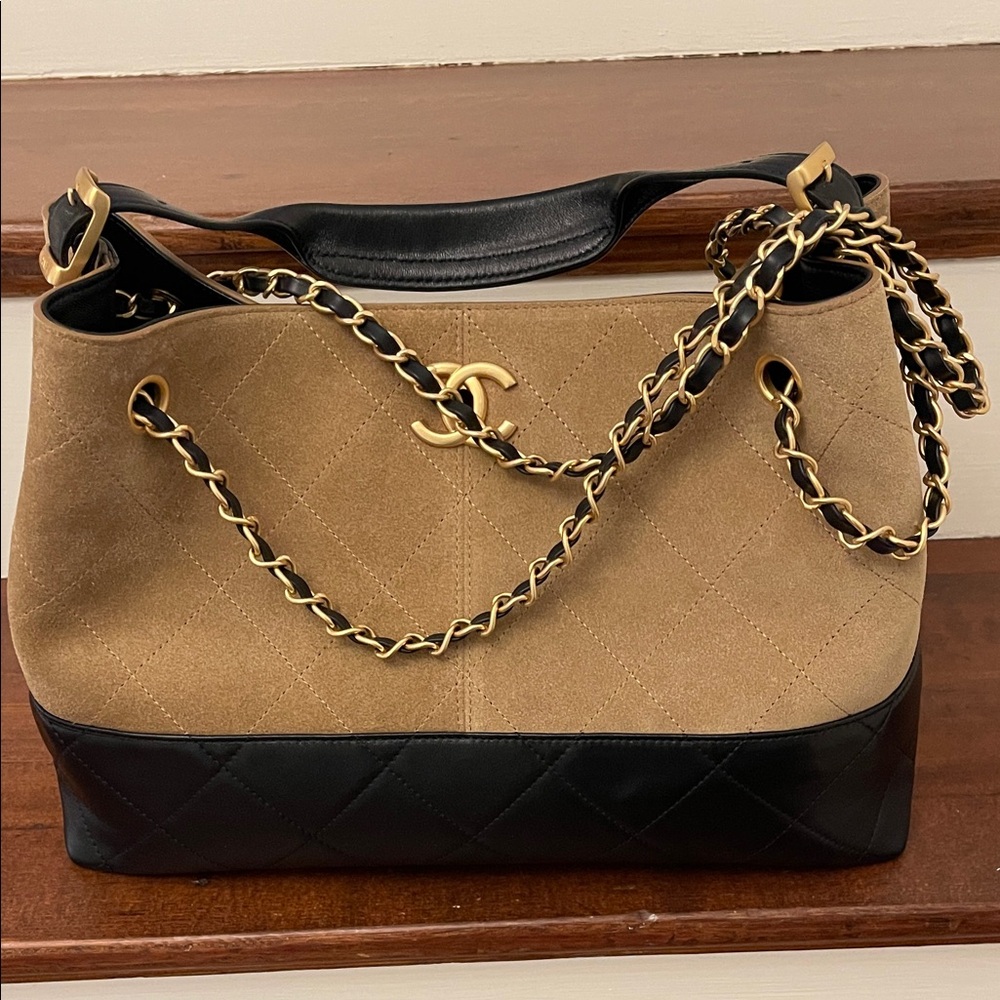 Two-Tone Suede & Leather Shoulder Bag in Beige and Black